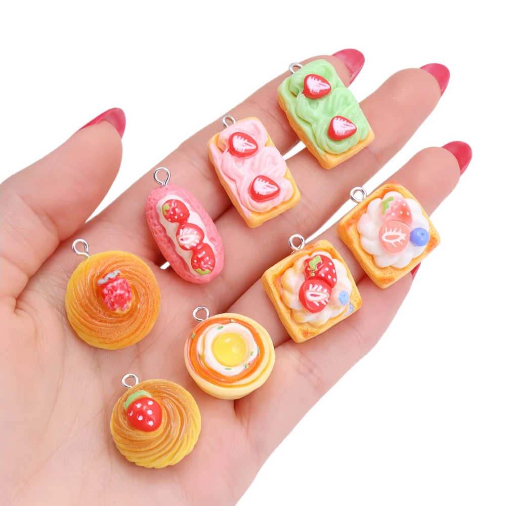 6Pcs Cute Cartoon Resin Simulation 3D Strawberry Cake Food Charms Designer Pendant Fit Jewelry Making DIY Decorative Supplies