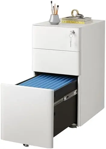 3 Drawer File Cabinet, Slim Metal Filing Cabinet with Lock, Under Desk Storage Cabinet for Letters/Legal/A4, Fully