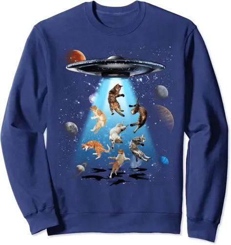 Polarshe Galaxy Cat Ufo Retro Grappige Grafische Katteneigenaar Houdt Van Unisex Ronde Hals Sweatshirt