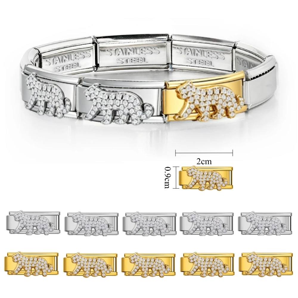 10Pcs Stainless Steel Italian Module Inlaid Zricon Leopard 20*9mm Charms DIY Splicing Bracelet for Women Animal Theme Jewelry