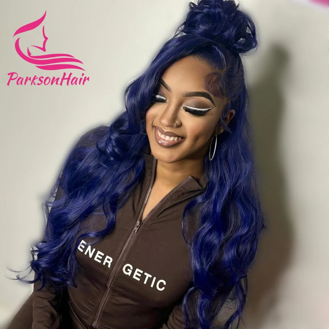 13x6 منتصف الليل الأزرق الشفاف الدانتيل الجبهة خصلات الشعر المستعار الإنسان للنساء 4x4 الدانتيل إغلاق شعر مستعار الجسم موجة الأزرق الداكن خصلات الشعر المستعار الإنسان