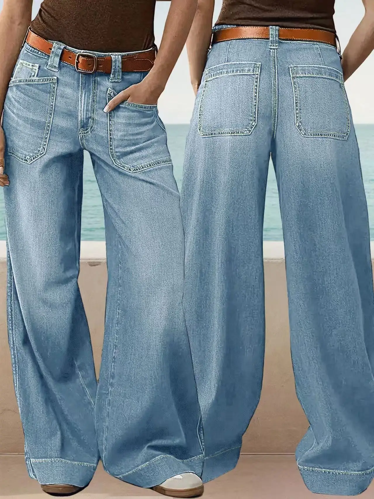 

Wide Leg Pants Mom Jeans Women Denim Trousers Distressed Mid Waist Stretch Vintage Washed Pockets Y2k Streetwear Floor Length