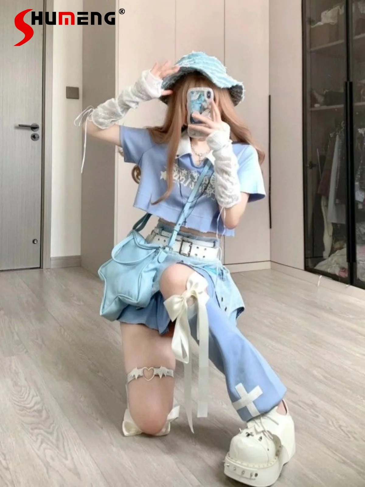 Japanese Street SubCulture Hot Girl Sets Short Sleeve T-shirt Denim Stitching Irregular Cake Skirts 2 Piece Sets Women Outfits