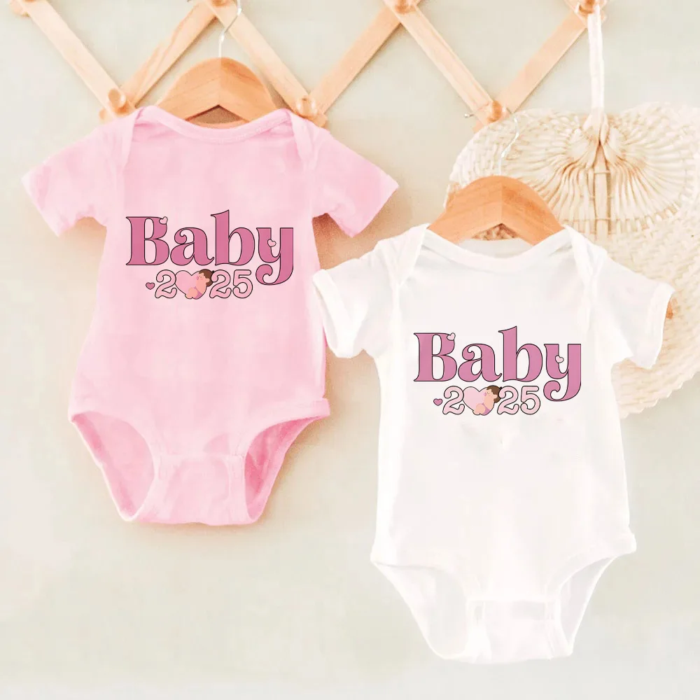 Baby 2025 Print Infant Girl Romper Casual Short Sleeve Pregnancy Announcement Baby Bodysuit Summer Newborn Clothes Birth Gifts