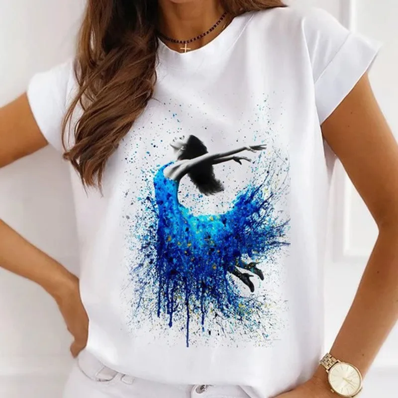 Women's Casual Loose Short-Sleeved White Base T-Shirts Ink Painting Ballerina Girl Graphic Tshirts Fashion Tops Summer Tees