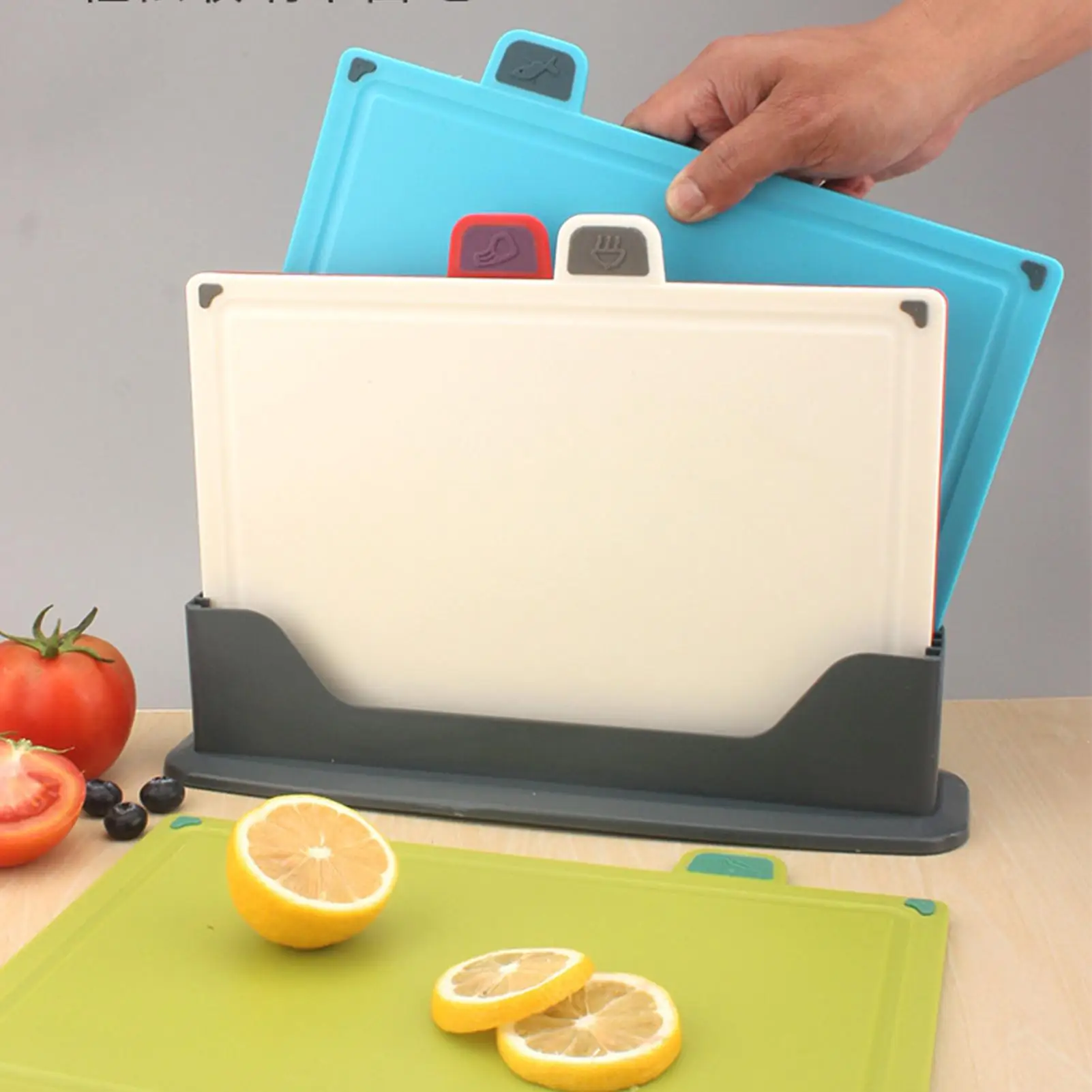 4Pcs Color-Coded Plastic Cutting Board Set with Storage Stand Thicker Chopping Board Set Slip-Resistant Design