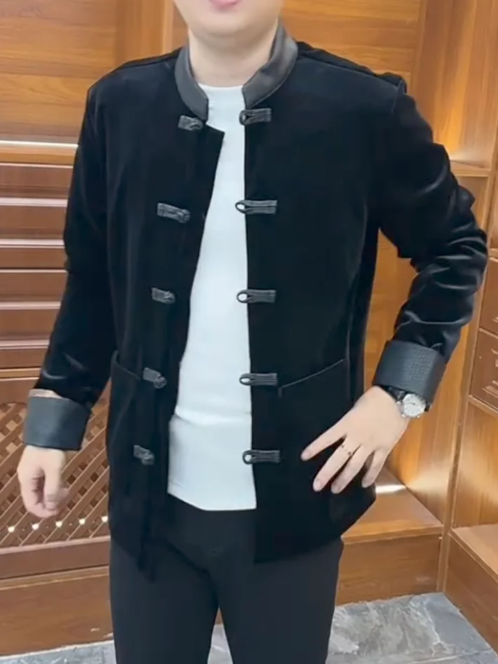 

New Autumn Men's Faion Casual Tang Suit Jaet High Quali Haome Button up Chinese Ethnic Wear Long Sve Youth Outerwear