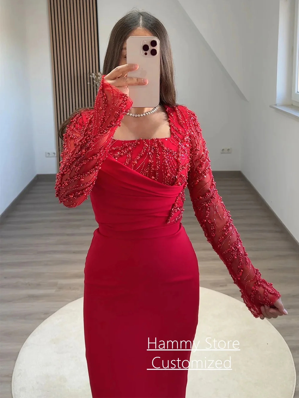 Red Evening Dress Customized Long Sleeves Square Neck Beading Pearls Ankle Length Arabian Prom Gown Cocktail Party Dresses