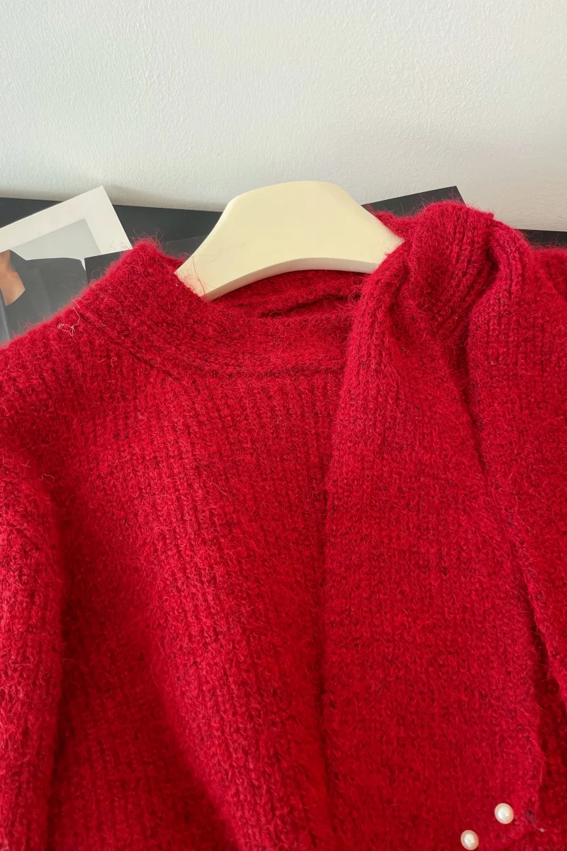 Women's Red Christmas Sweater 2000s Vintage Korean Style Knit Pullover Long Sleeves Cozy Luxury Cashmere Sweater Clothes Winter