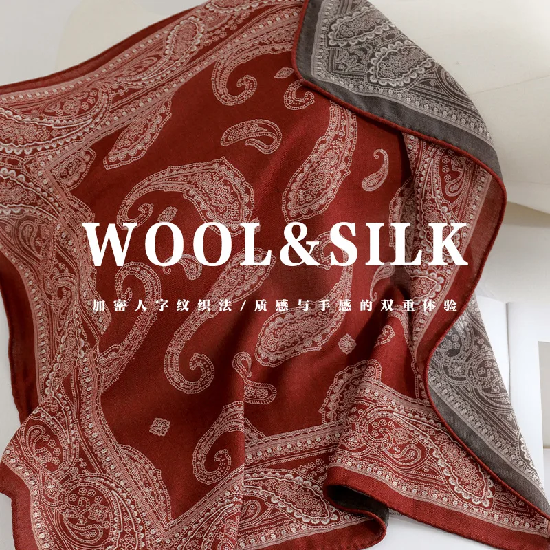 Luxury 70% Wool 30% Red Silk Scarf Women Small Square Shawl Thin Soft Neck Protection Kerchief Bandana Fall Winter Elegant Stole