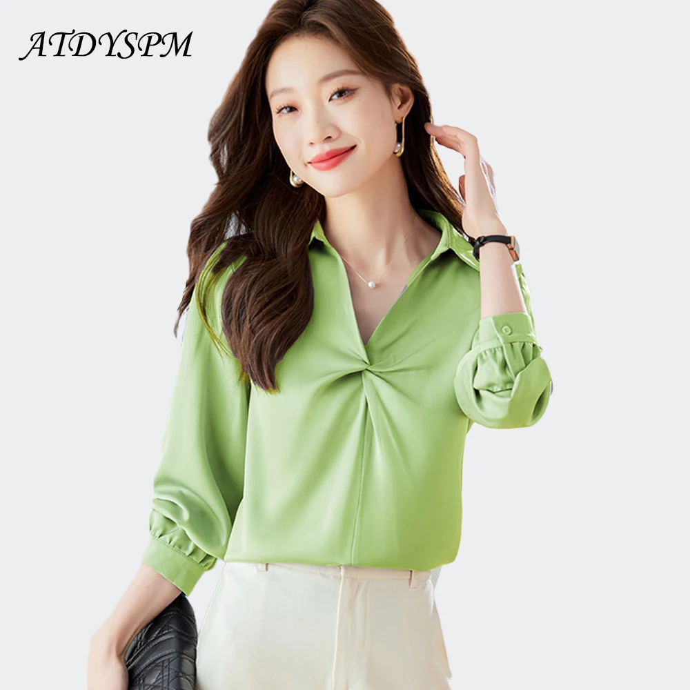 

Женские атласные рубашки с длинным рукавом, элегантные однотонные офисные женские рабочие костюмы, блузки, винтажные топы со складками, женская повседневная уличная одежда