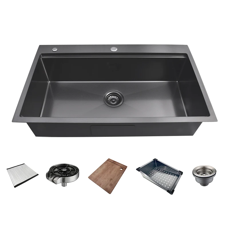 

RTS Black Surface Kitchen Over Mount 304 Stainless Steel Workstation Sink With Accessories