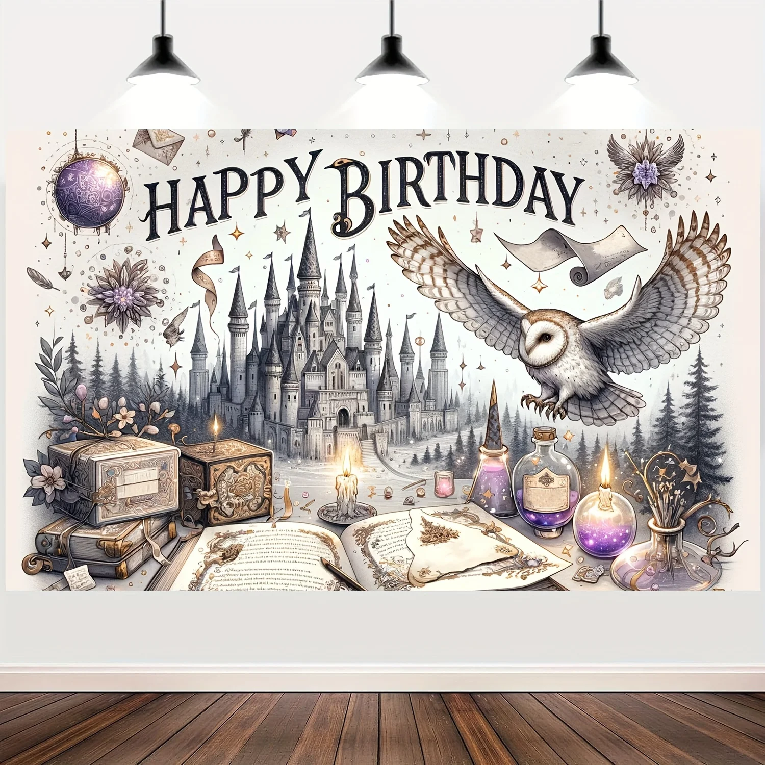 Hintergrundbanner „Magic Castle and Owl Happy Birthday“ – Partydekorationen mit Fantasy-Motiv – Detail 3