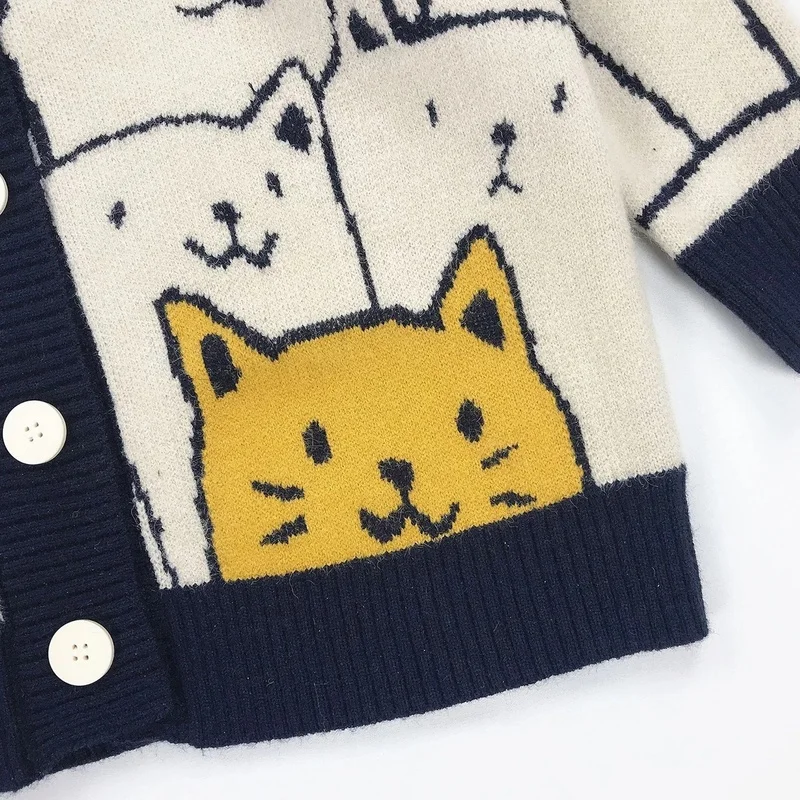 Harajuku Cartoon Cat Cardigan Sweater Men Streetwear Pattern College Knitwear Casual Knitted Japanese Knit Jacket Women Unisex