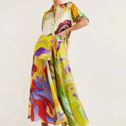 Modieuze zomer zijde bedrukte damesset jurk losse korte mouwen shirt top + rok taille 2-delige sets elegant damespak