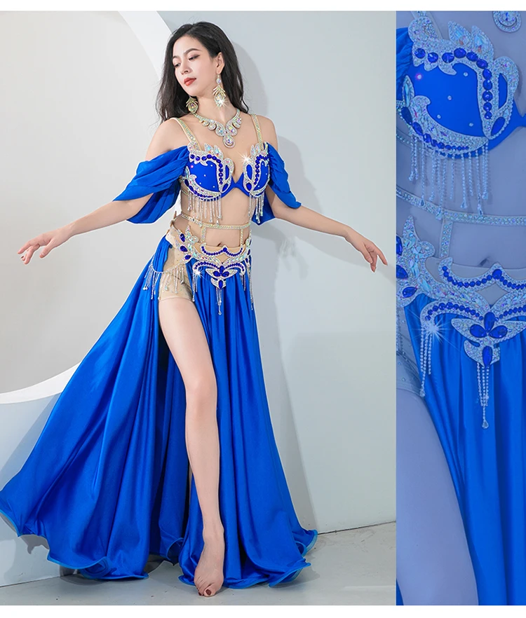 Costume di danza del ventre egiziana concorso danza orientale con strass in rilievo reggiseno cintura Maxi gonna in raso