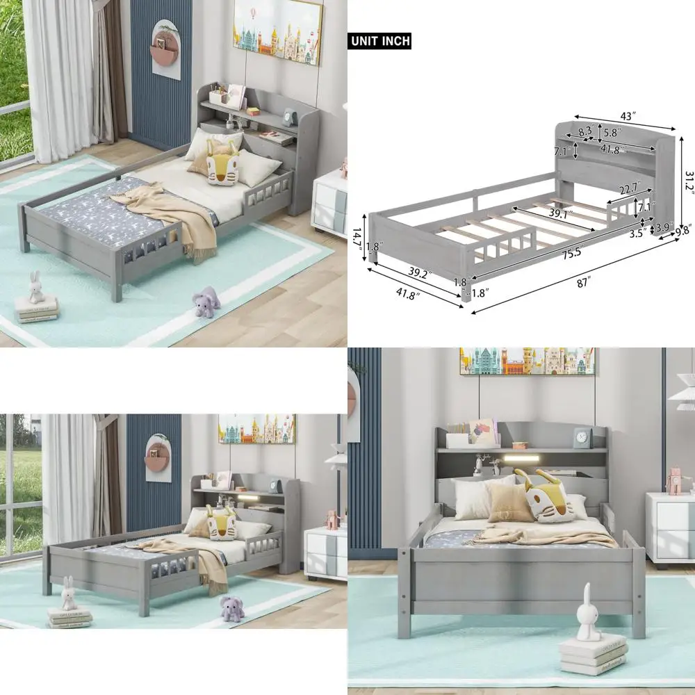 Estrutura de cama de madeira de tamanho duplo com iluminação LED, cama de plataforma moderna com cabeceira de armazenamento e trilho de segurança