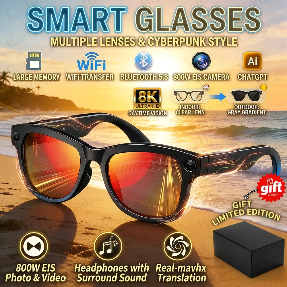 

New 800W Camera Al Glasses Men Color-Changing Smart Translation Glasses Photo Video Recording Waterproof Call Smart Sunglasses