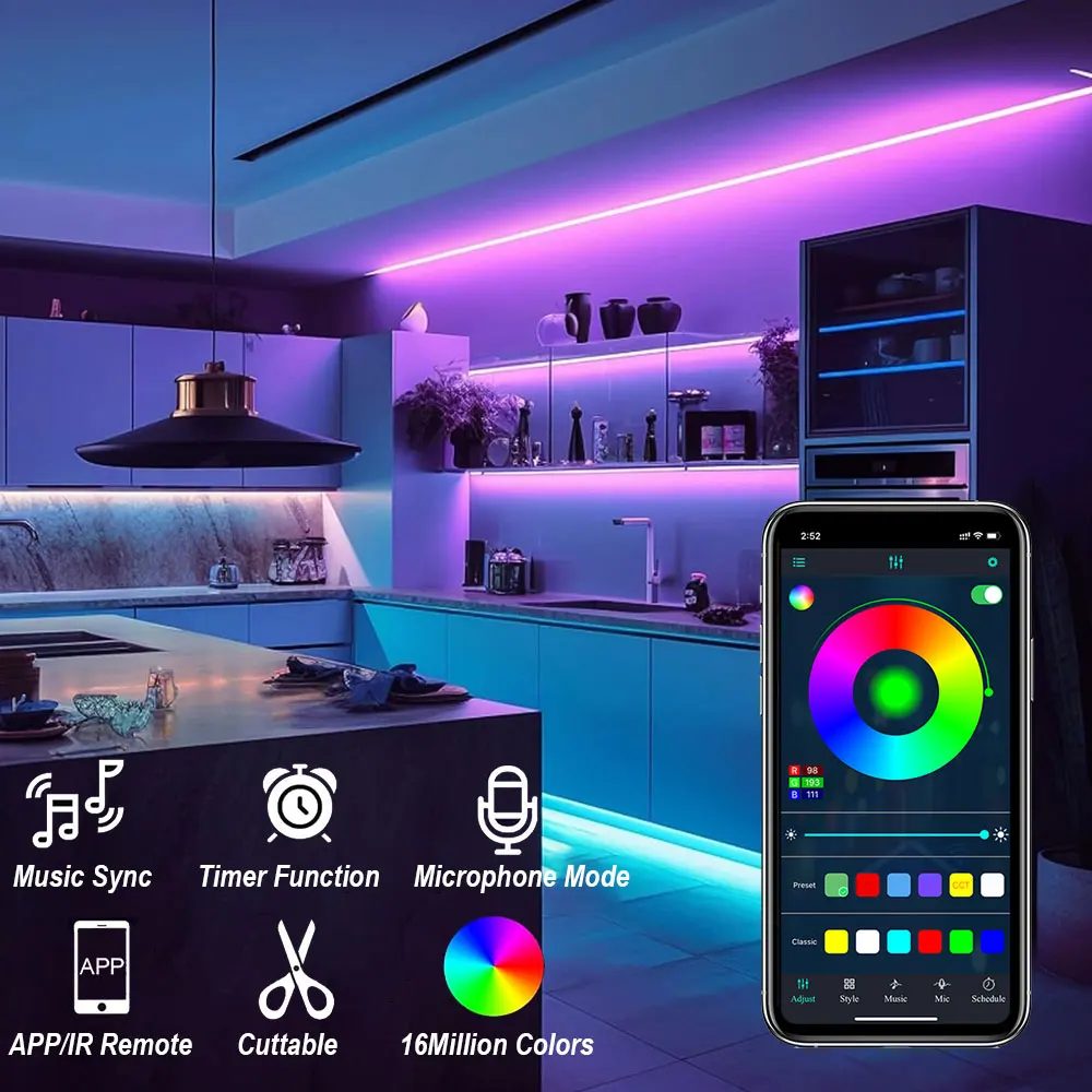 DC5V USB RGB Neon LED Strip Lights, 1-5M IP65 Waterproof, Bluetooth App & Remote Control for Home Ambient Neon Lighting