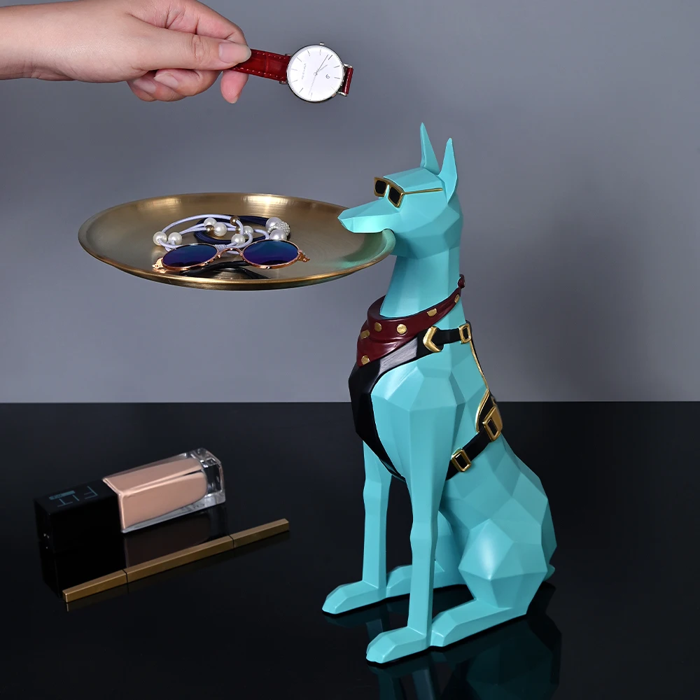 Doberman Pinscher Resin Dog Sculpture Butler with Metal Tray Craft Ornament Decor Art Animal Figurines Decorative Home Decor