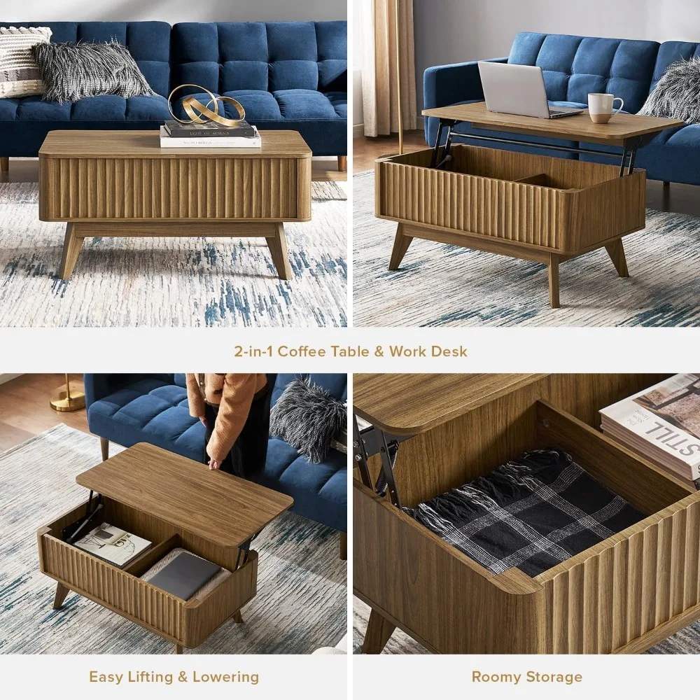 Brooklyn Coffee Table, Lift Top Coffee Tables ,  Center Table Lifting Top & Hidden Storage, Fluted Panel, Rising Pull Up Table