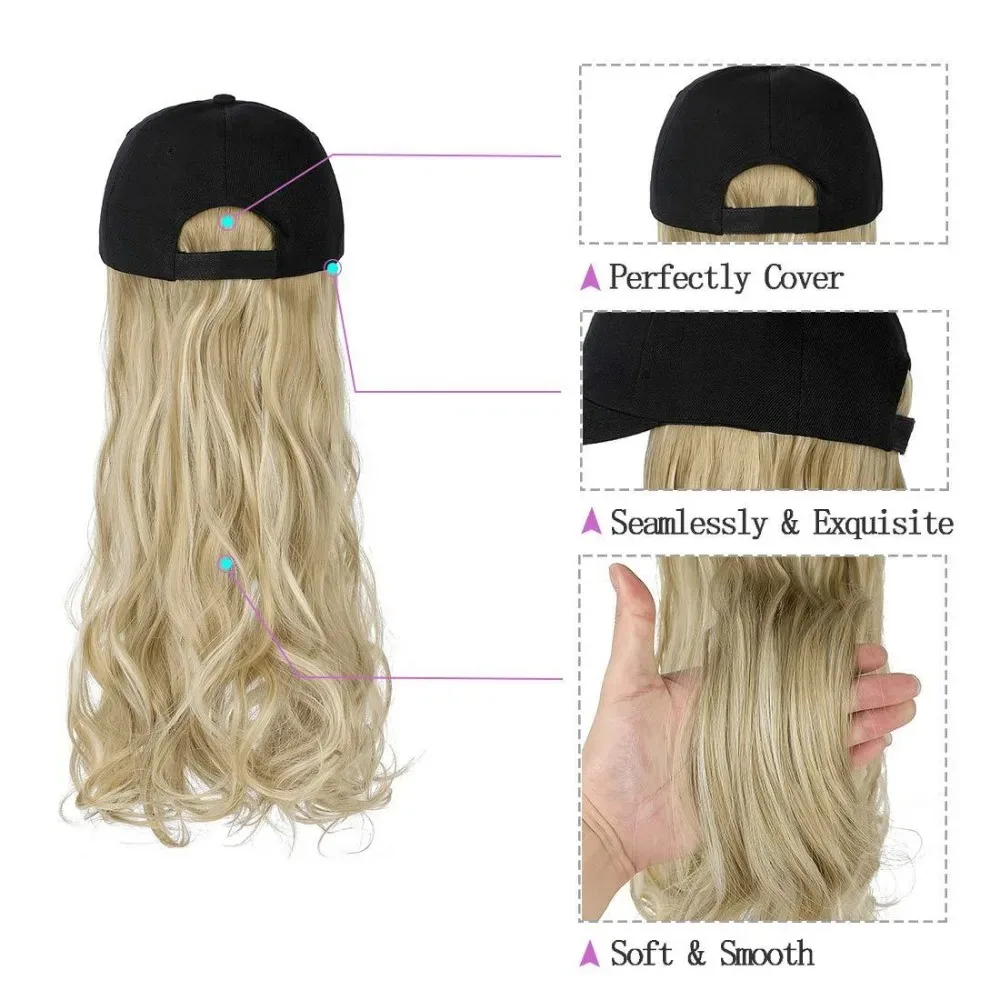 Peluca de gorra de béisbol para mujer y niña, extensiones de cabello ondulado, cuerpo largo, sombrero negro, postizos de fibra sintética de calor, ajustable