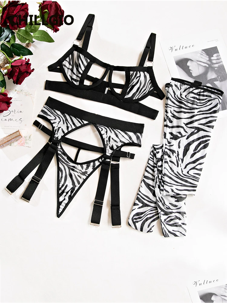 CHILLGIO Women Zebra Print Bra Brief Suits Sexy Bodycon Intimate Erotic Lingerie Four Pieces Transparent Push Up Underwear Sets