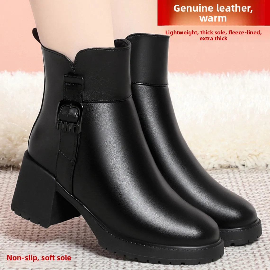 

Real Leather Wool Lined High Heel Boots Women's Faion Booties Comfortable Winter oes round Toe Rubber Outsole Warm Footwear