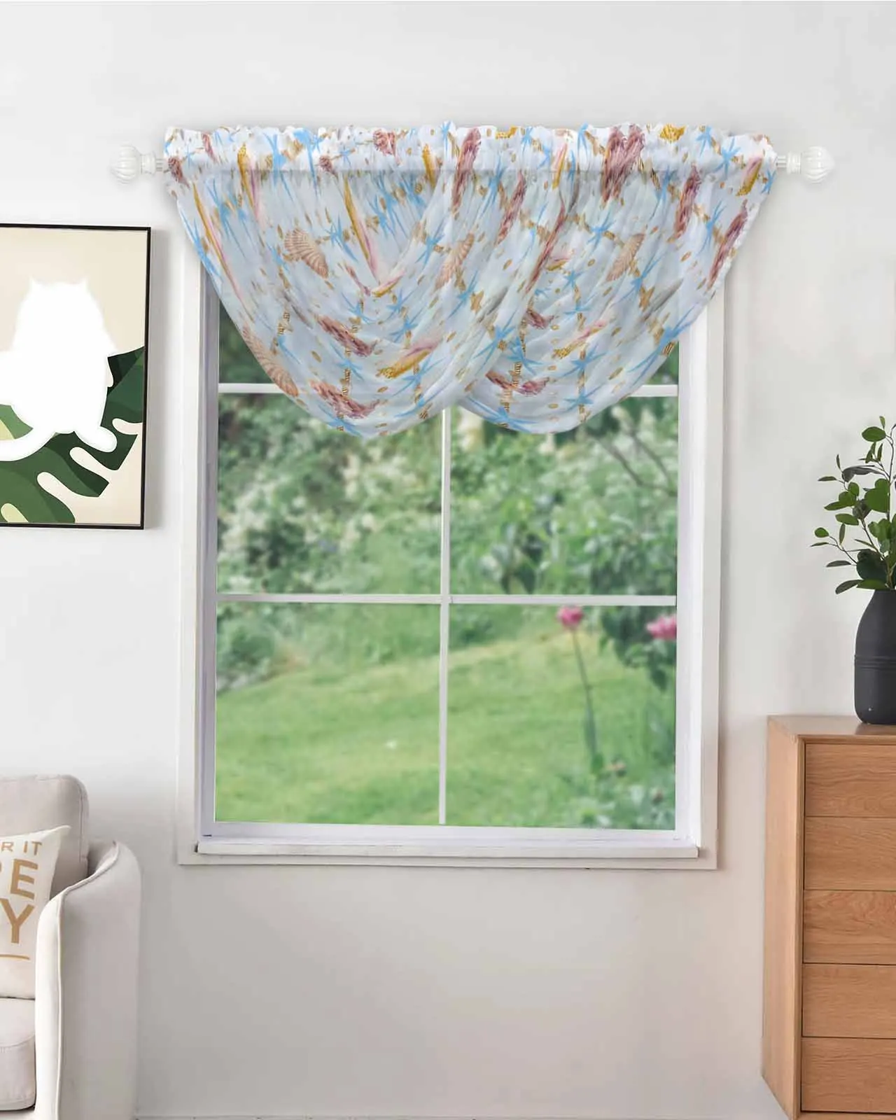 Watercolor Shell Ocean Vintage Rope Pearl Irregular Design High Quality Voile Window Curtains for Bedroom Balcony Sheer Drapes