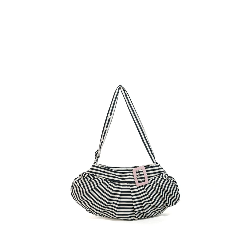 Gestreifte Plissierte Hobo-Canvas-Schultertasche, Vielseitige Damen-Handtasche für den Arbeitsweg, Tägliche Casual-Chic-Handtasche, Leichtgewicht – Detail 3