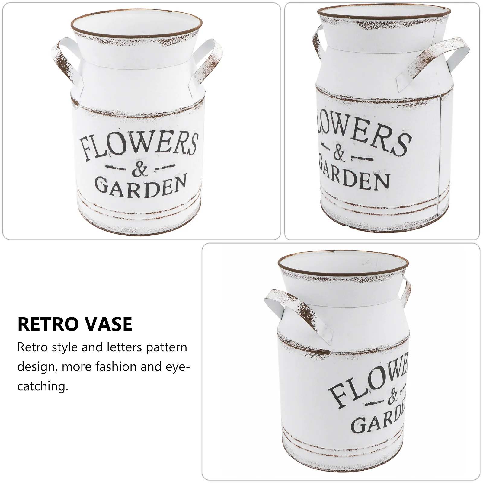 

1pc Metal Flower Kettle Galvanized Retro Vase Decorative Desktop Ornament White Letters Pattern Size S For Office Living Room