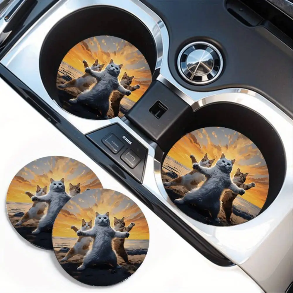 Cute Cat EVA Absorbent Car Cup Holder Coasters 2pcs Non-Slip Rubber Vehicle Interior Use