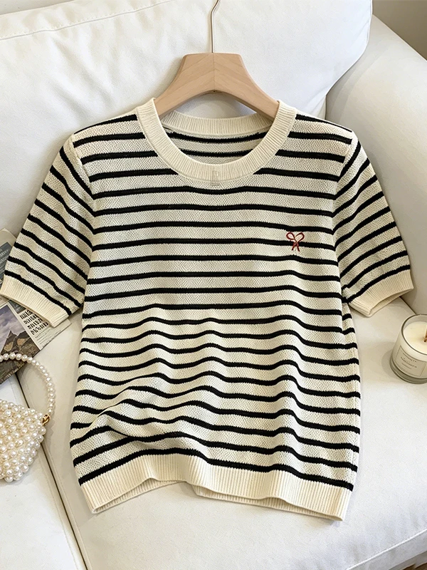 

Summer New plus Size Women's T-shirt Ice Silk Stripe Fashionable Short Sleeve Embroidered Beaded Thin Top Korean Style Commute