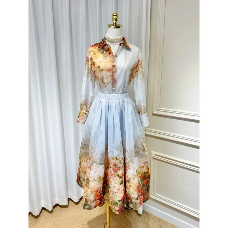 

2024 New Summer Vintage Elegance Women's Two-piece Lapel Lantern Sleeve Shirt with Elastic Waist Skirt