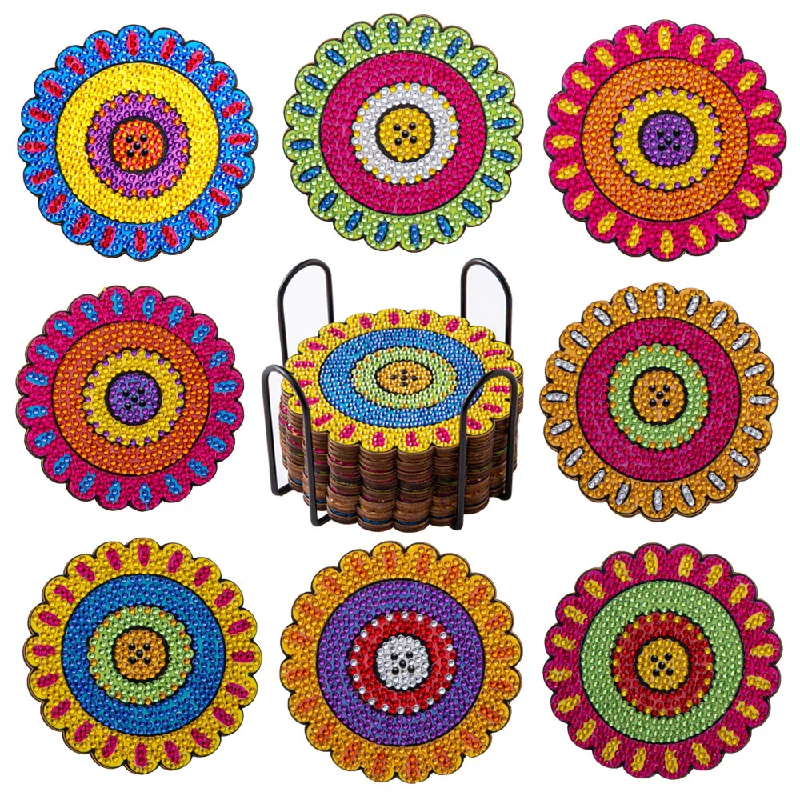 

6/8Pcs/sets DIY Diamond Painting Coasters Full Drill Diamond Mosaic Mandala Round Cup Coasters with Holder