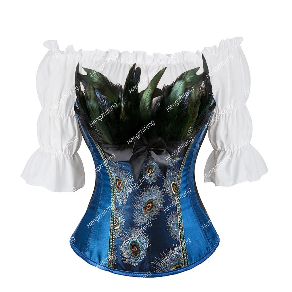 

Corsets Bustiers 2 Piece Outfit Peacock Embroidery Princess Burlesque Overbust Corset Body Shaper Bustier with White Blouse Set