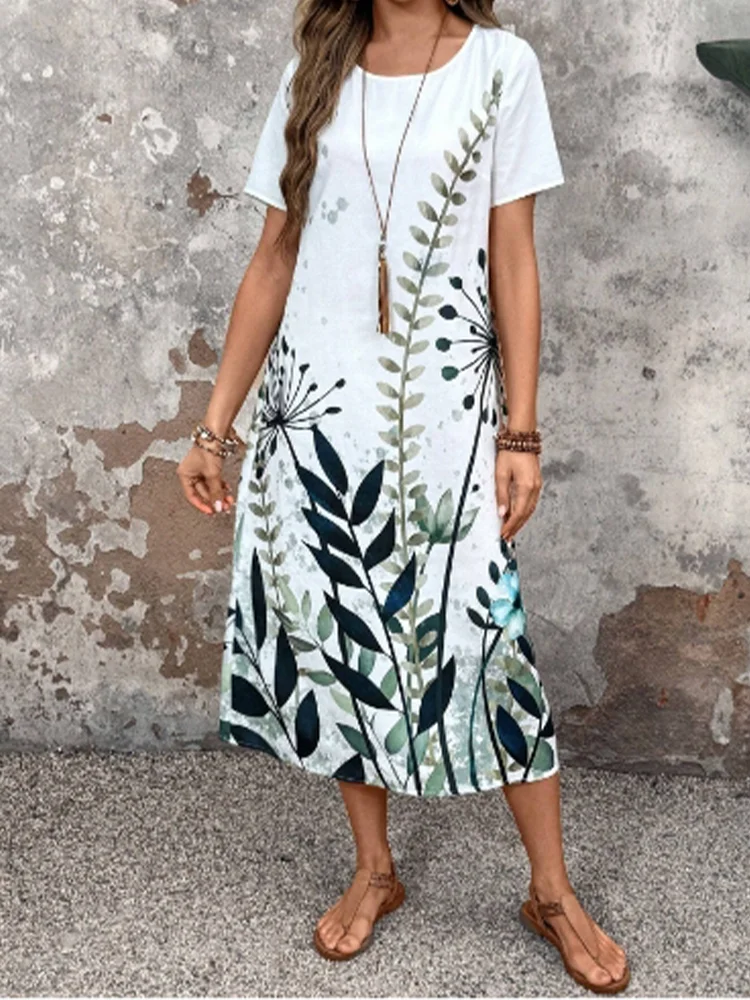 Damesjurk met bloemenprint, korte mouwen, casual ronde hals, modieuze straat, elegante zomerjurk in woon-werkstijl