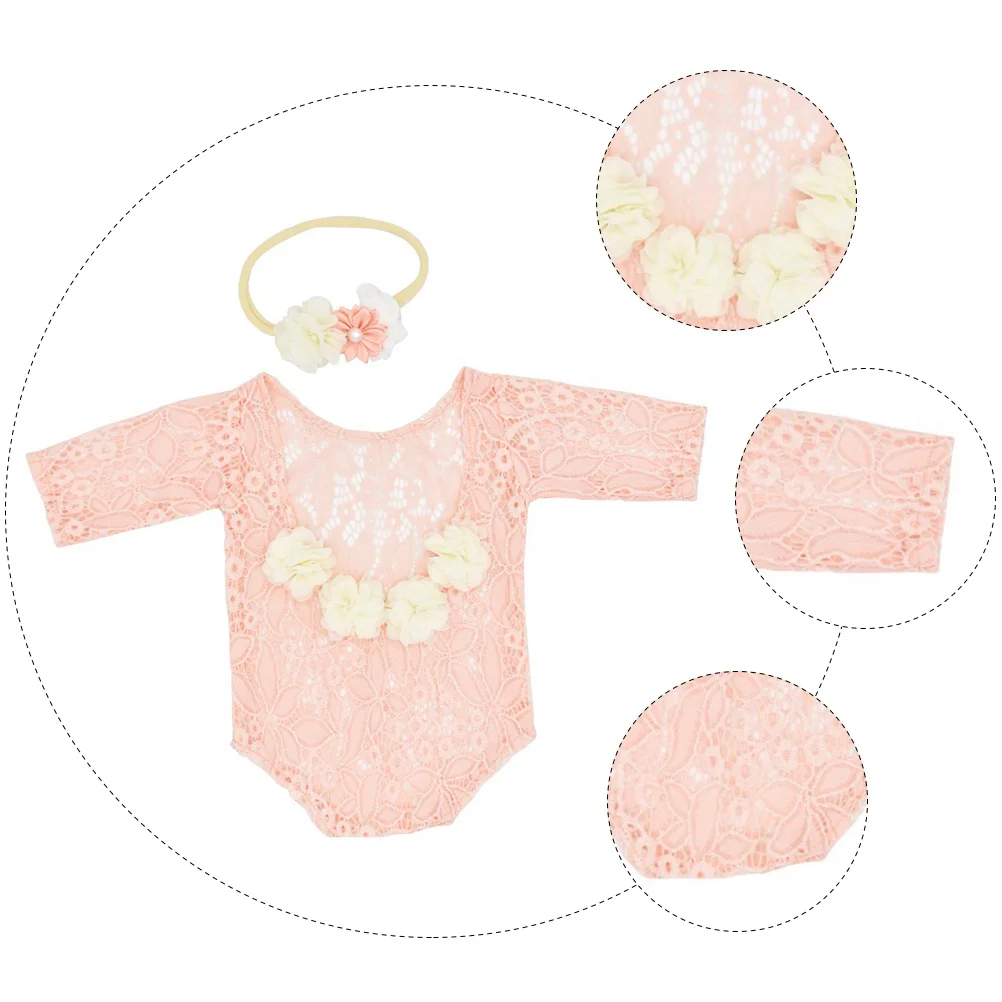 

1Set Newborn Baby Girl Pink Lace Romper Headband Bodysuit Summer Photography Props Baby Shower Gift Romper and Headband