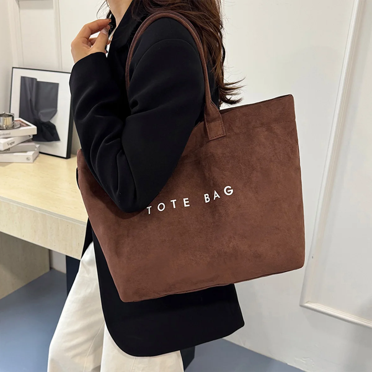 Magnetic Clasp Casual Suede Tote Bag with Solid Color Letter Print Large Capacity Versatile Daily Commute Shopping