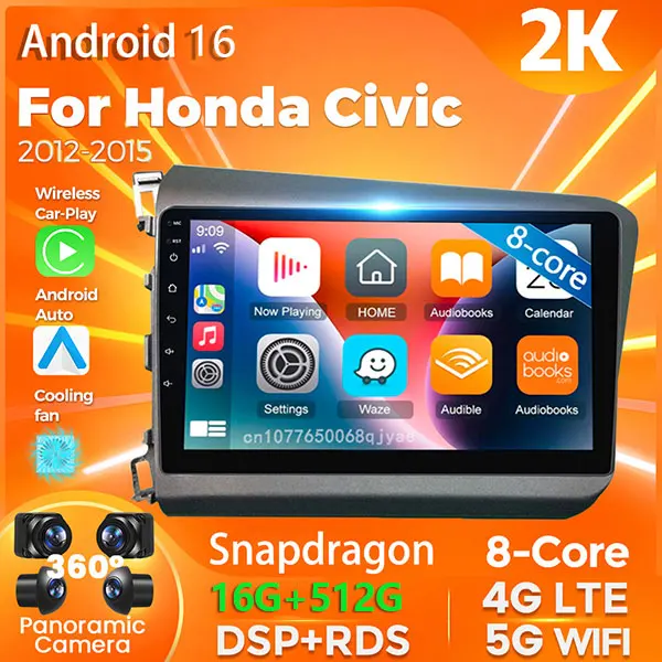 Android 16 Carplay Car Radio For Honda Civic 2012 - 2015 Multimedia Video Player Navigation GPS Stereo Head Unit 360 Camera DVD