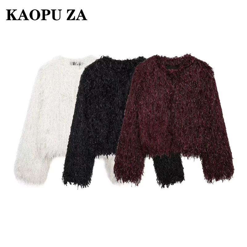 KAOPU ZA Woman's Autumn/Winter Casual O-Collar Single-breasted Solid Color Jacket Female Fashion Faux Fur Long Sleeve Coat Top