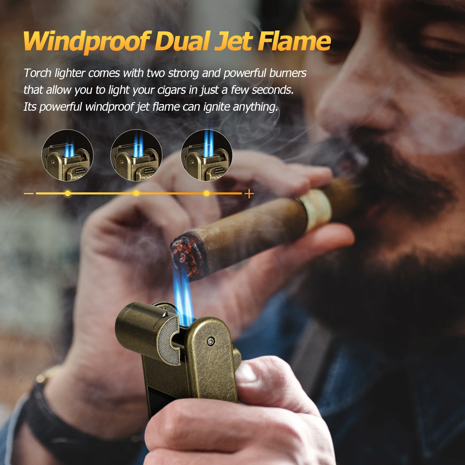 AWOTE 4 in 1 Cigar Lighter with Adjustable Jet Dual-Flame,Windproof Refillable Butane for Smoking,Cigar Gift for Men