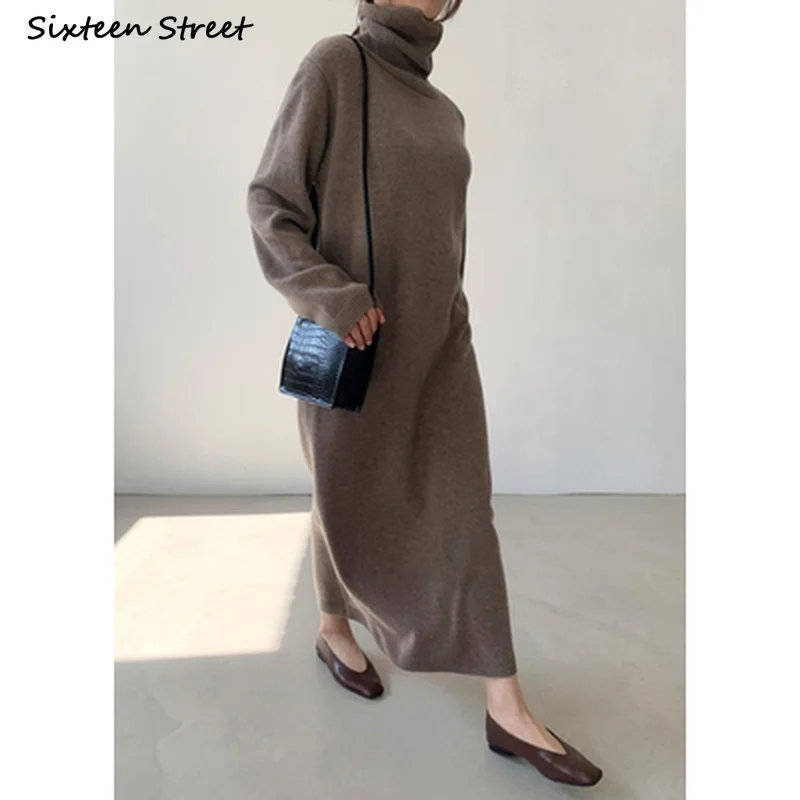 Apricot Turtleneck Sweater Dress Women 2023 Winter Oversized Vintage Elegant Woolen Dresses Women Clothing Autumn Chic Knitwear