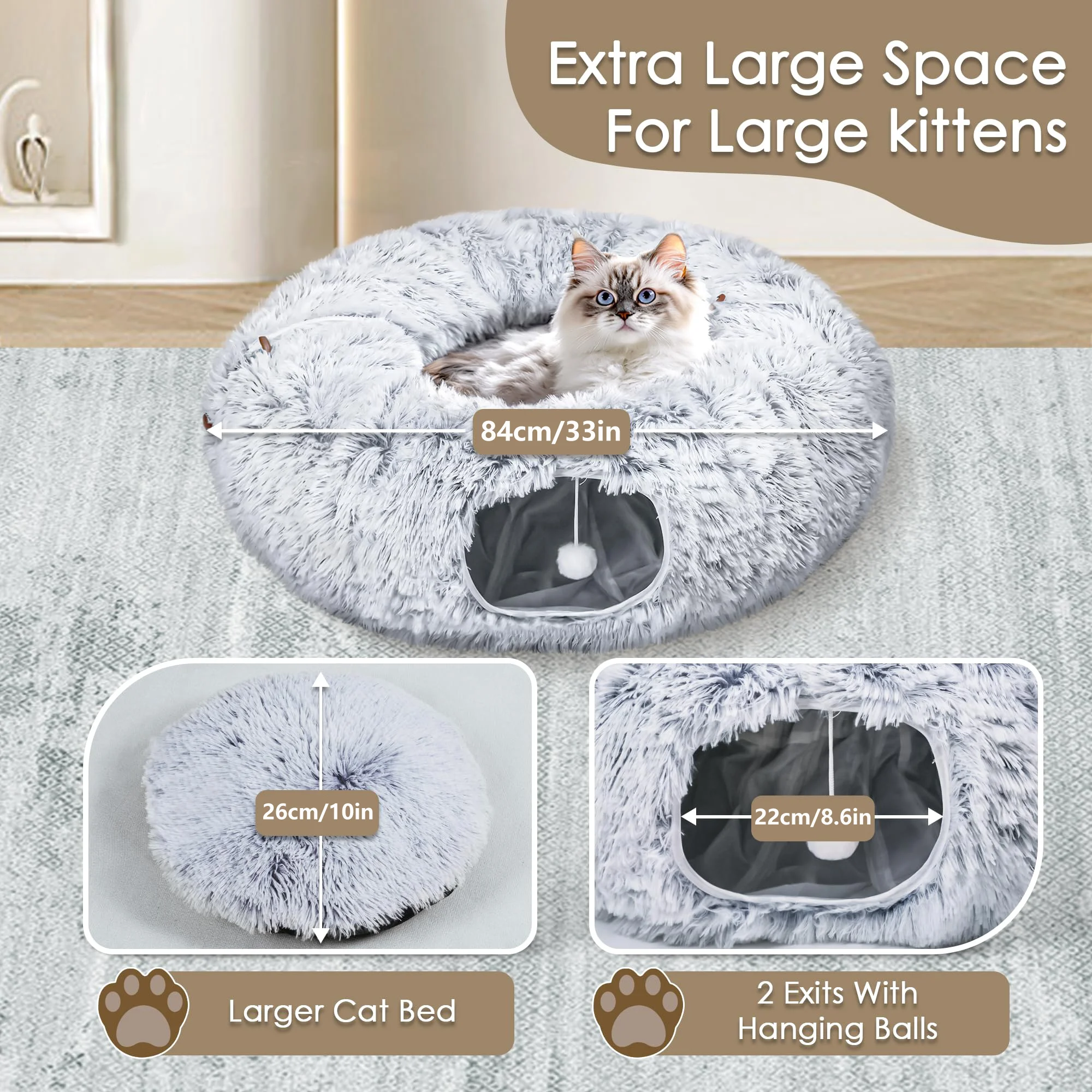 Cat Tunnel Bed for Indoor Cats, Peekaboo Cat Cave with Washable Soft Play Mat, Furry Cat Tube, for Kitten/Puppy/Rabbit, Grey