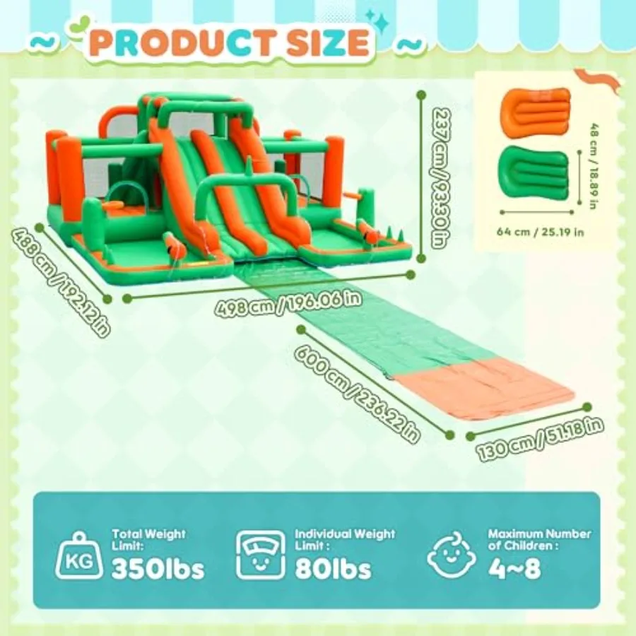 Backyard water slide for kids: double racing slides bounce houses, 20ft runway with surfboards, durable PVC material, blue and