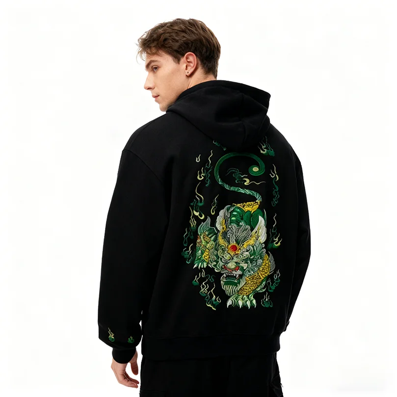

Мужская толстовка Qilin Embroidery Kirin с капюшоном, весенняя, люксовая, свободного кроя, пуловер, худи с вышивкой, хлопок