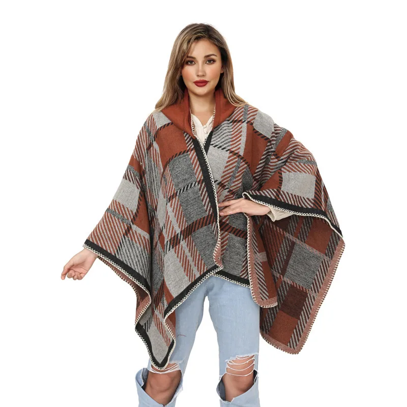 

New Acrylic Split Shawl For Women Fashion Thickened Hat Cloak, Plaid Scarf Girls