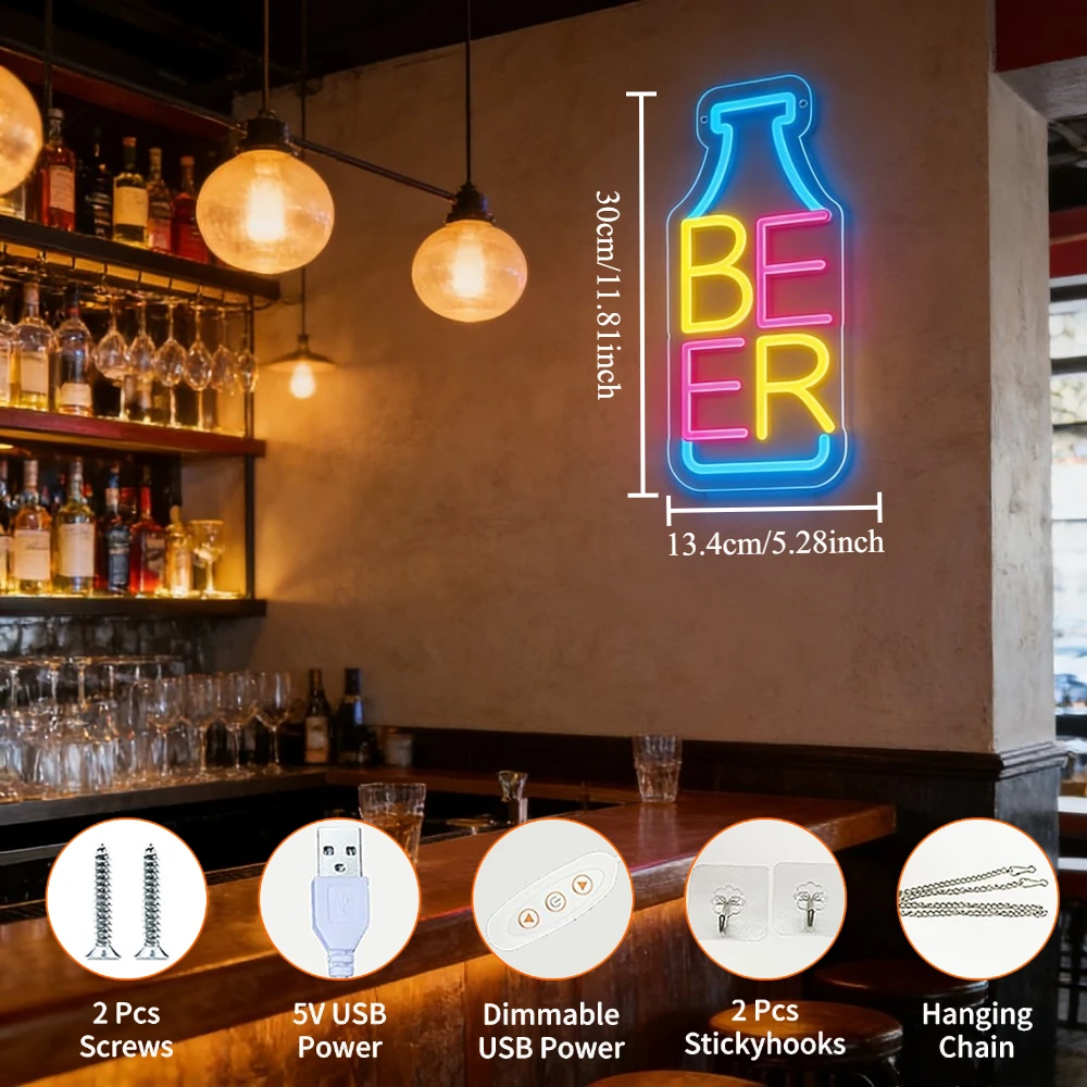Beer Bottle Neon Sign LED USB Dimmable Blue Pink Wall Light for Bar Club Man Cave Garage Birthday Party Wedding Reception Decor