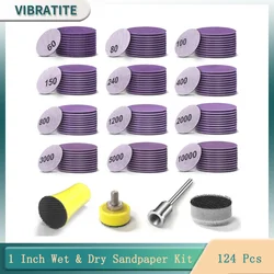 1Inch 25MM Wet Dry Sandpaper 124 Pcs with Polishing Backing Pad and Interface Pad for Drill Grinder Rotary Tools and Wood Metal