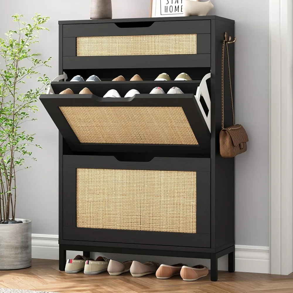 

Rattan Shoe Cabinet Storage for Entryway Hidden Shoes Storage Cabinet Boho Narrow Shoe Organizer Cabinet with 2 Flip Drawers, Fr